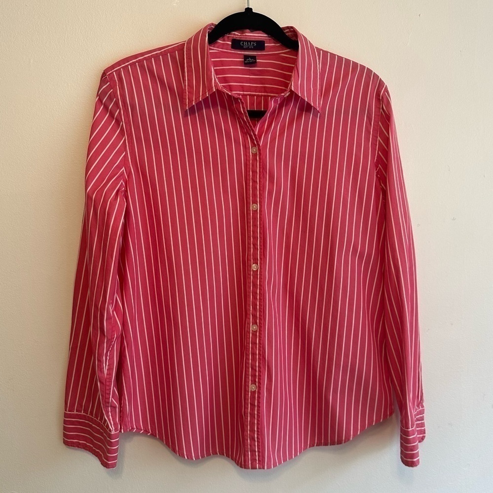Chaps Women Bubble Gum Pink And White Striped Button Up Dress Shirt Size Large L